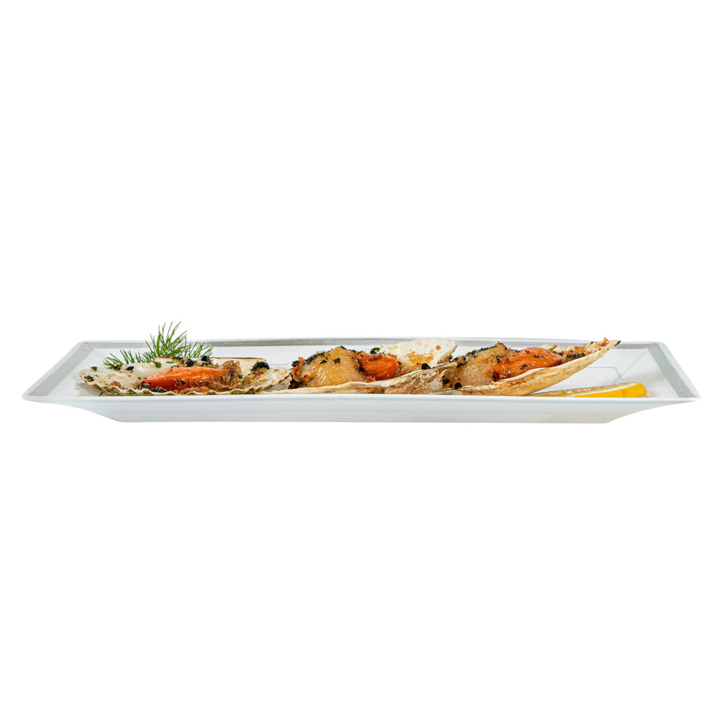 Moderna Rectangle White Plastic Silver-Rimmed Plate - 9 1/2" x 6 1/4" x 1/2" - 10 count box