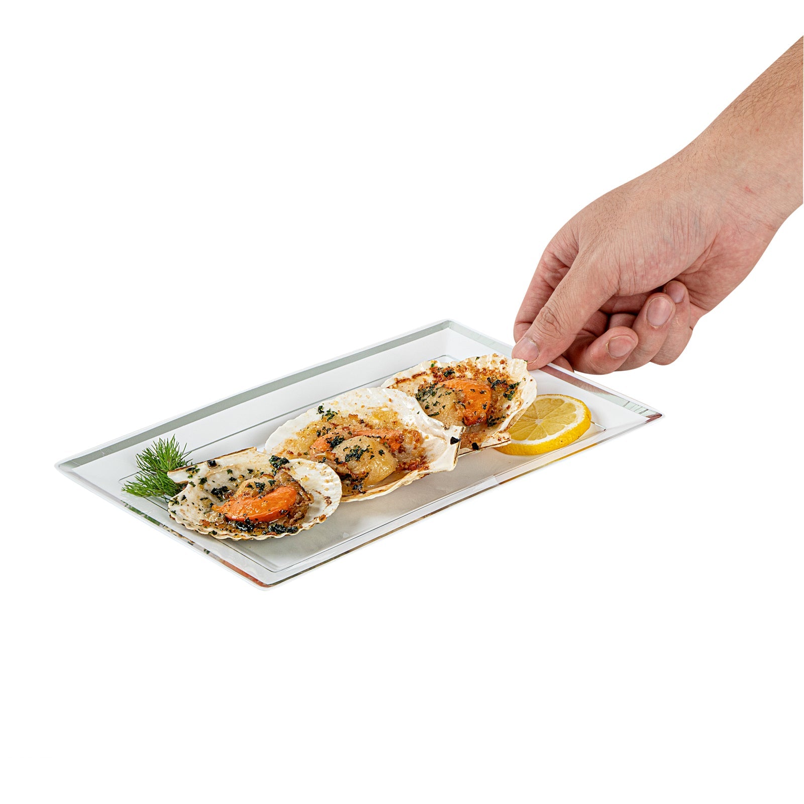 Moderna Rectangle White Plastic Silver-Rimmed Plate - 9 1/2" x 6 1/4" x 1/2" - 10 count box