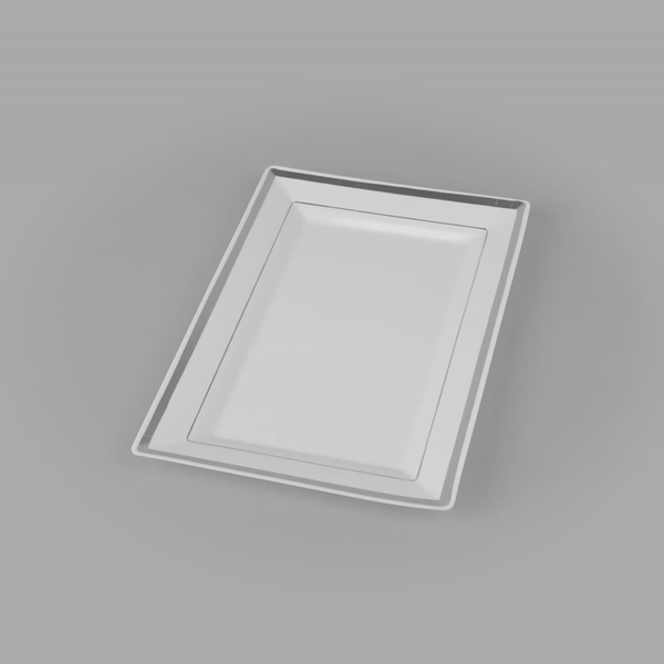 Moderna Rectangle White Plastic Silver-Rimmed Plate - 9 1/2" x 6 1/4" x 1/2" - 10 count box