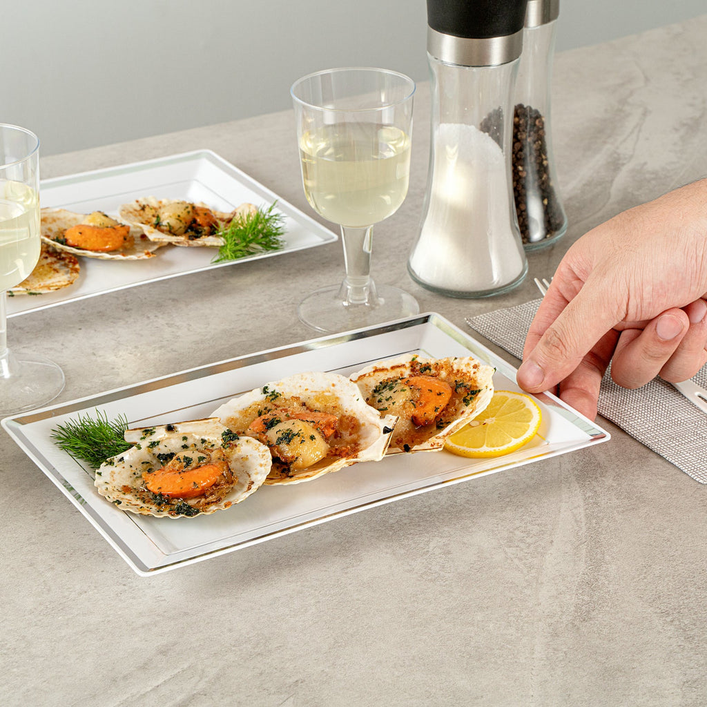 Moderna Rectangle White Plastic Silver-Rimmed Plate - 9 1/2" x 6 1/4" x 1/2" - 10 count box