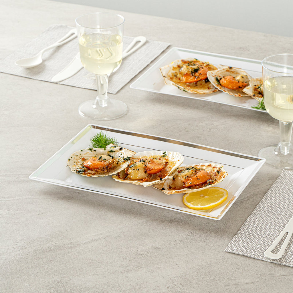 Moderna Rectangle White Plastic Silver-Rimmed Plate - 9 1/2" x 6 1/4" x 1/2" - 100 count box