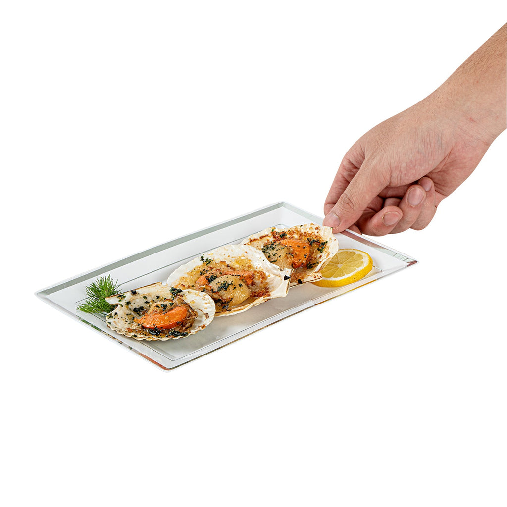 Moderna Rectangle White Plastic Silver-Rimmed Plate - 9 1/2" x 6 1/4" x 1/2" - 100 count box