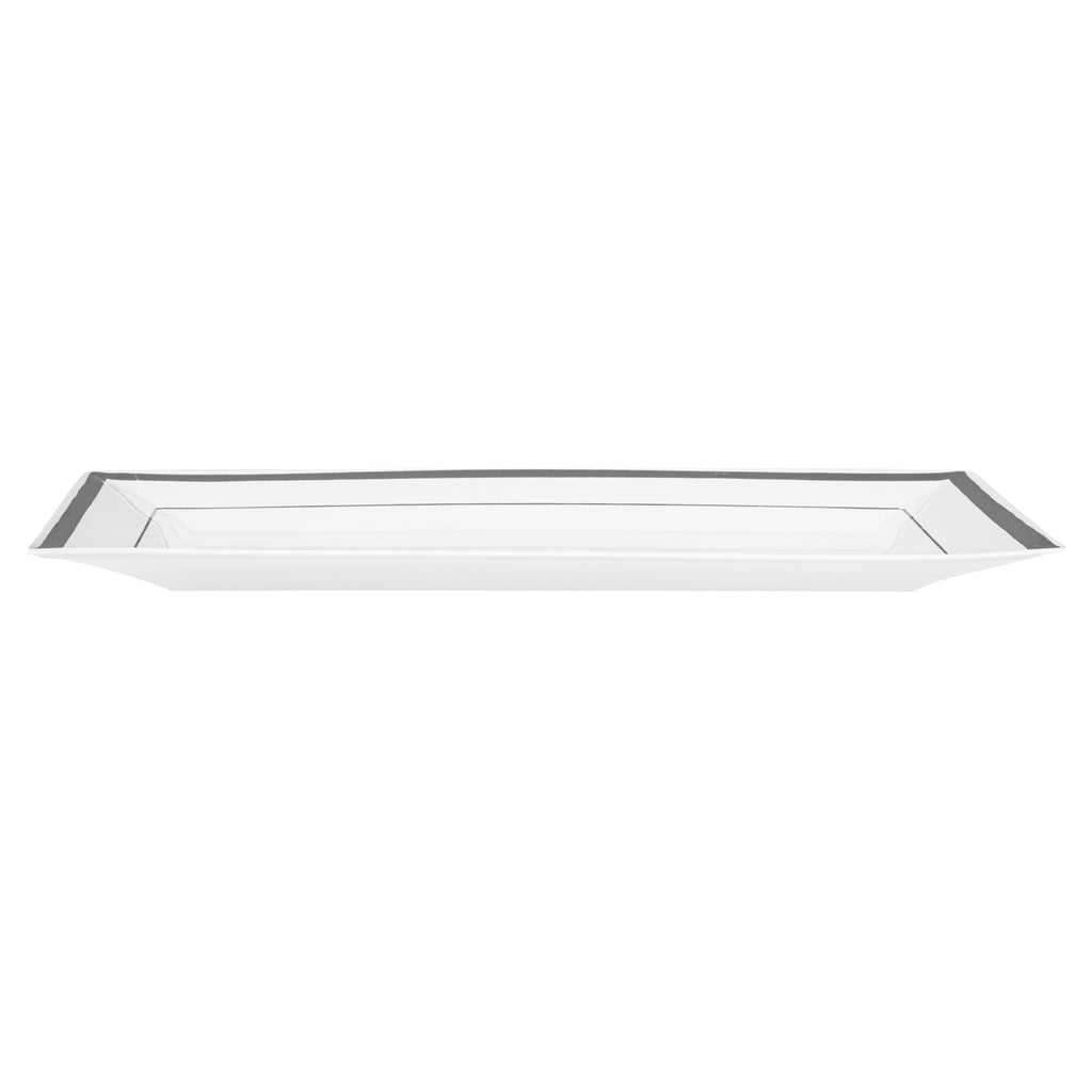 Moderna Rectangle White Plastic Silver-Rimmed Plate - 9 1/2" x 6 1/4" x 1/2" - 100 count box