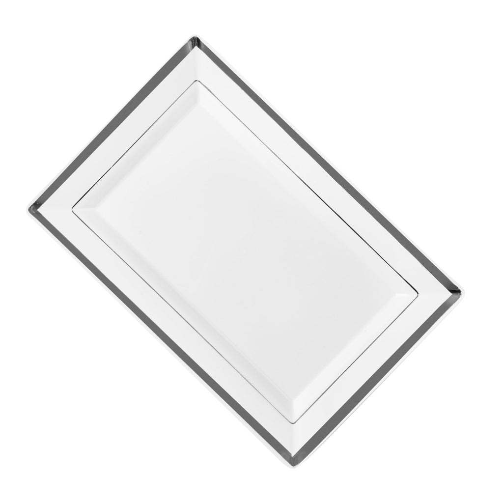 Moderna Rectangle White Plastic Silver-Rimmed Plate - 9 1/2" x 6 1/4" x 1/2" - 100 count box