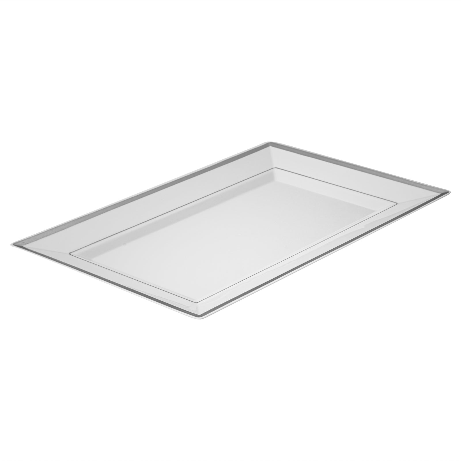 Moderna Rectangle White Plastic Silver-Rimmed Plate - 11 1/2" x 7 1/4" x 3/4" - 10 count box