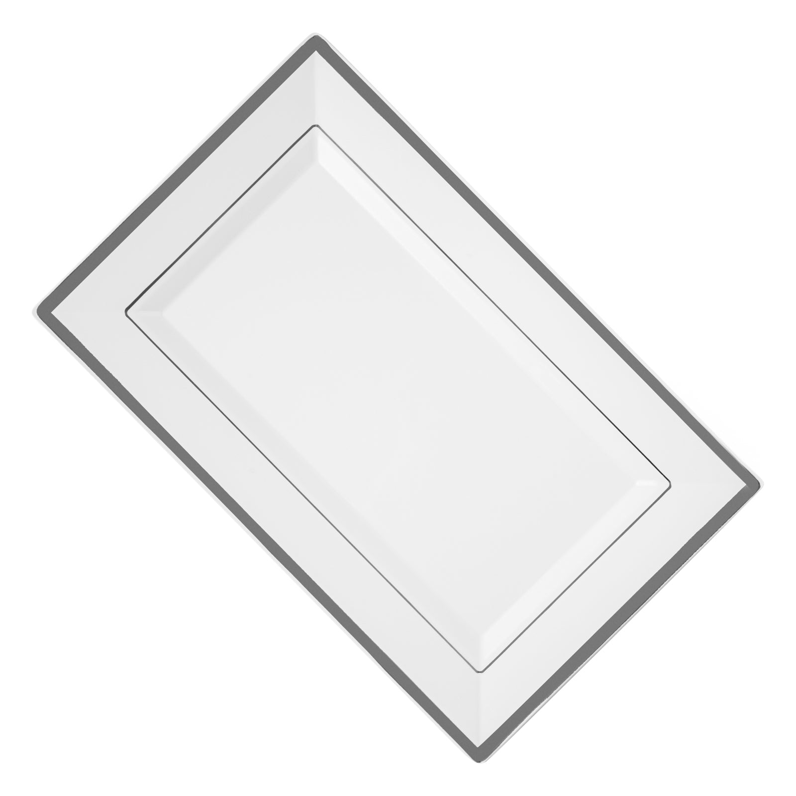 Moderna Rectangle White Plastic Silver-Rimmed Plate - 11 1/2" x 7 1/4" x 3/4" - 10 count box