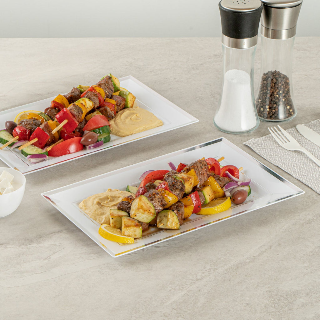 Moderna Rectangle White Plastic Silver-Rimmed Plate - 11 1/2" x 7 1/4" x 3/4" - 10 count box