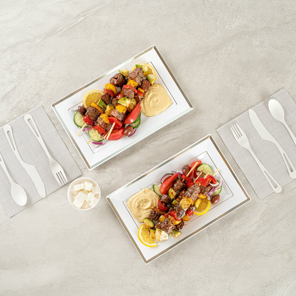 Moderna Rectangle White Plastic Silver-Rimmed Plate - 11 1/2" x 7 1/4" x 3/4" - 10 count box
