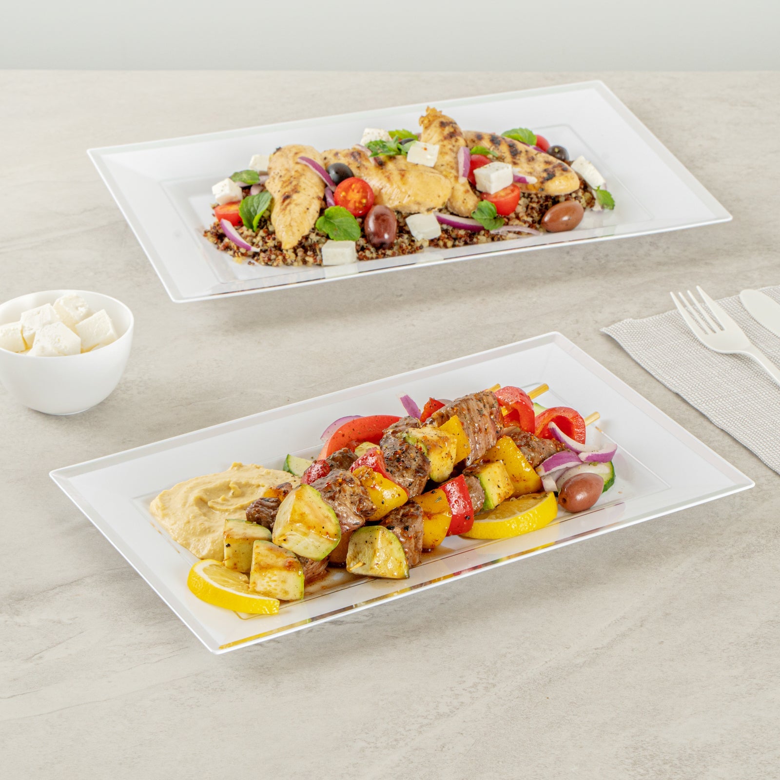 Moderna Rectangle White Plastic Silver-Rimmed Plate - 11 1/2" x 7 1/4" x 3/4" - 100 count box