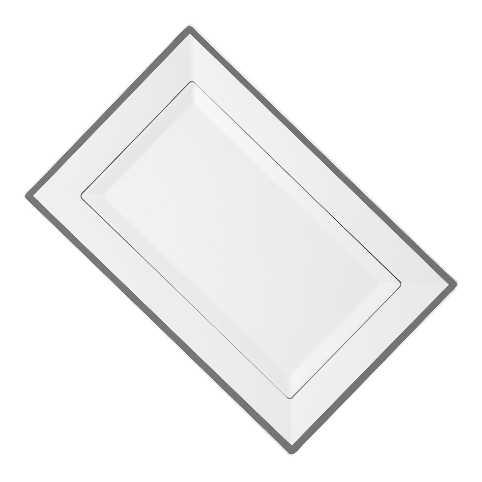 Moderna Rectangle White Plastic Silver-Rimmed Plate - 12 3/4" x 8 1/4" x 3/4" - 10 count box
