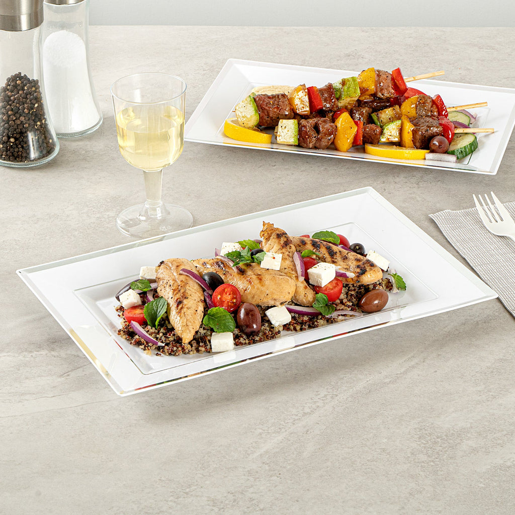 Moderna Rectangle White Plastic Silver-Rimmed Plate - 12 3/4" x 8 1/4" x 3/4" - 10 count box