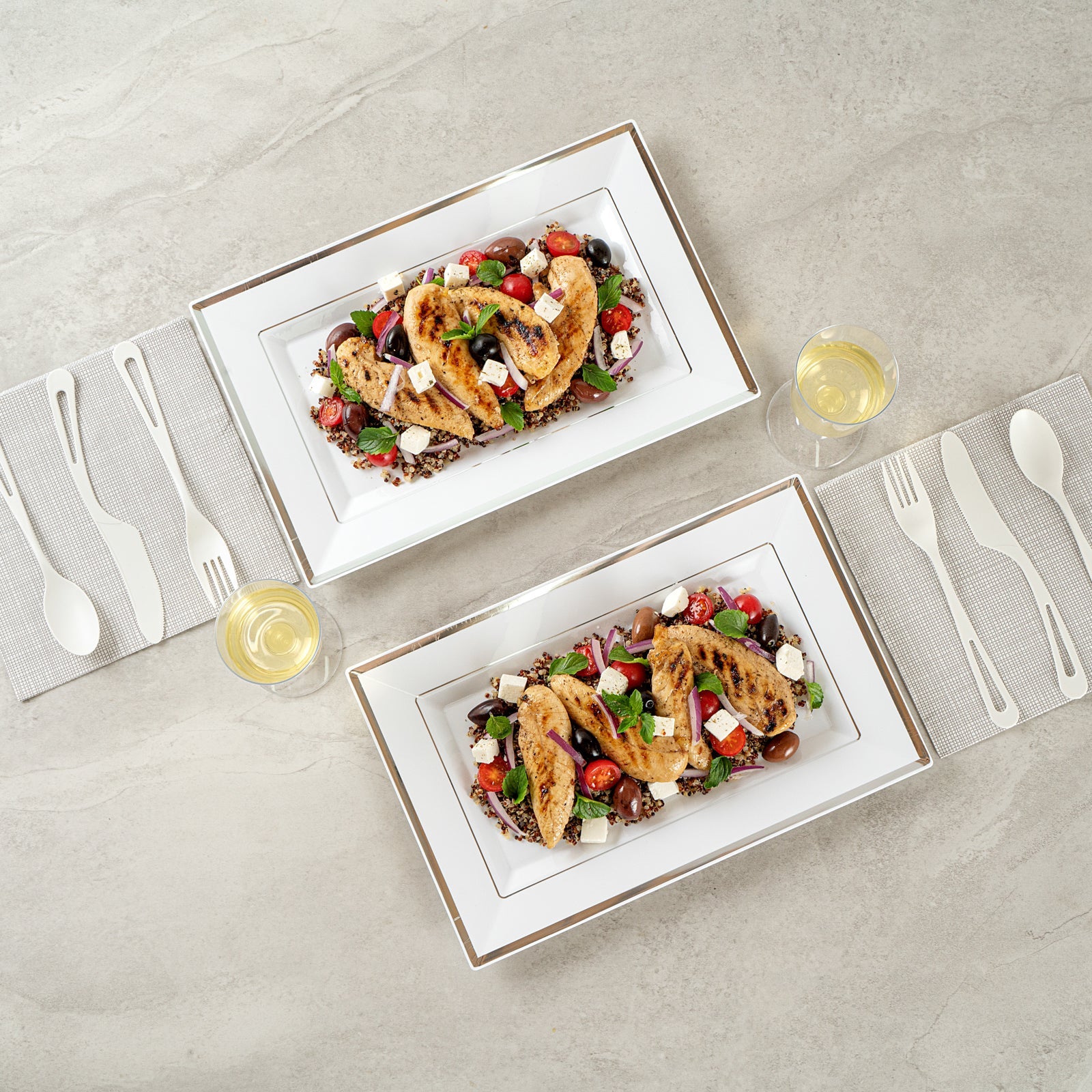 Moderna Rectangle White Plastic Silver-Rimmed Plate - 12 3/4" x 8 1/4" x 3/4" - 10 count box