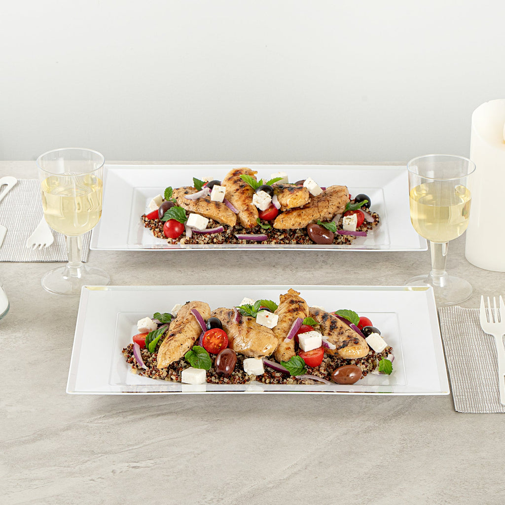 Moderna Rectangle White Plastic Silver-Rimmed Plate - 12 3/4" x 8 1/4" x 3/4" - 10 count box