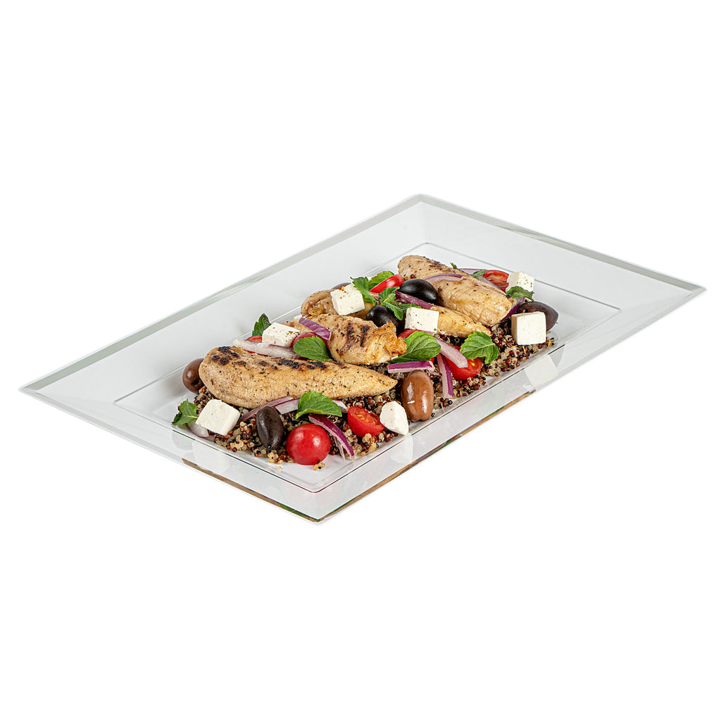 Moderna Rectangle White Plastic Silver-Rimmed Plate - 12 3/4" x 8 1/4" x 3/4" - 100 count box