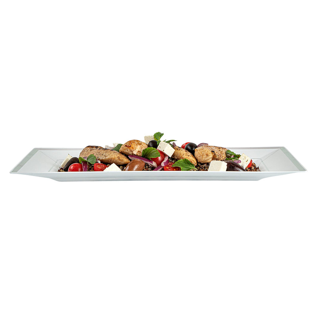 Moderna Rectangle White Plastic Silver-Rimmed Plate - 12 3/4" x 8 1/4" x 3/4" - 100 count box