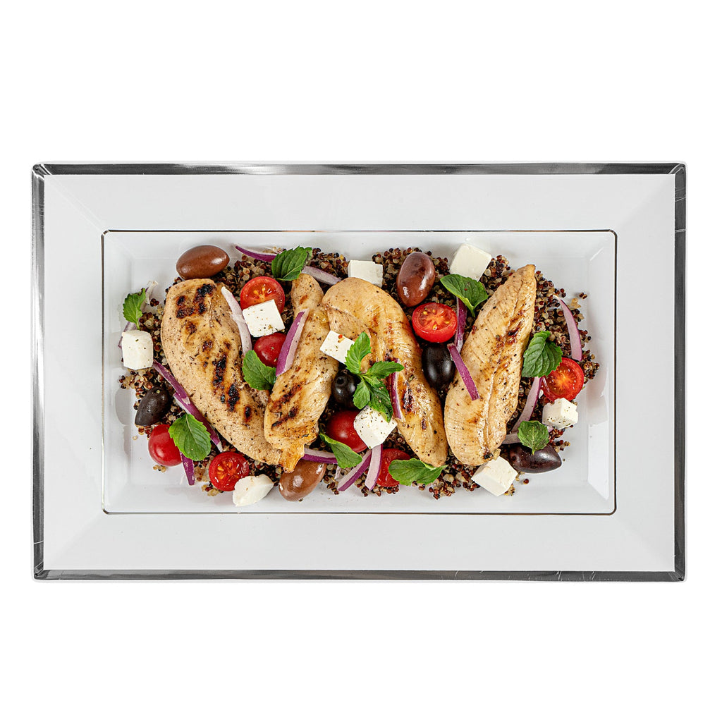 Moderna Rectangle White Plastic Silver-Rimmed Plate - 12 3/4" x 8 1/4" x 3/4" - 100 count box