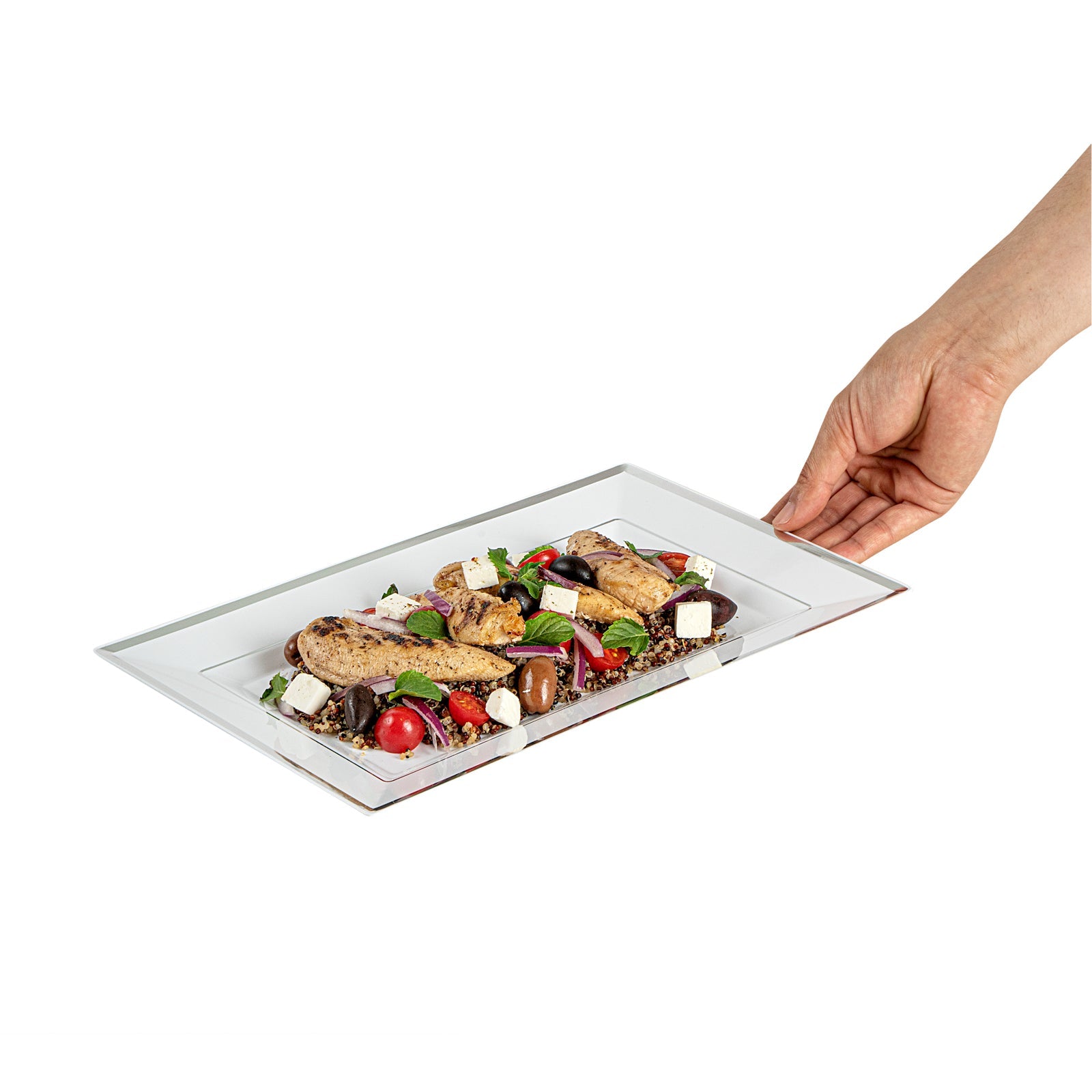 Moderna Rectangle White Plastic Silver-Rimmed Plate - 12 3/4" x 8 1/4" x 3/4" - 100 count box