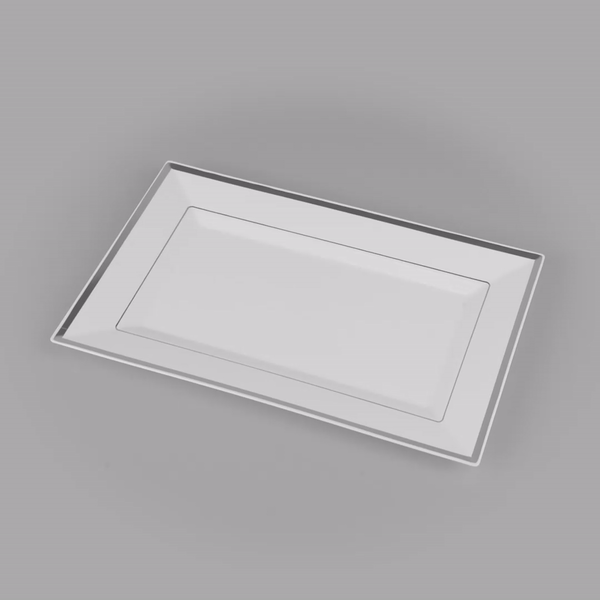 Moderna Rectangle White Plastic Silver-Rimmed Plate - 12 3/4" x 8 1/4" x 3/4" - 100 count box