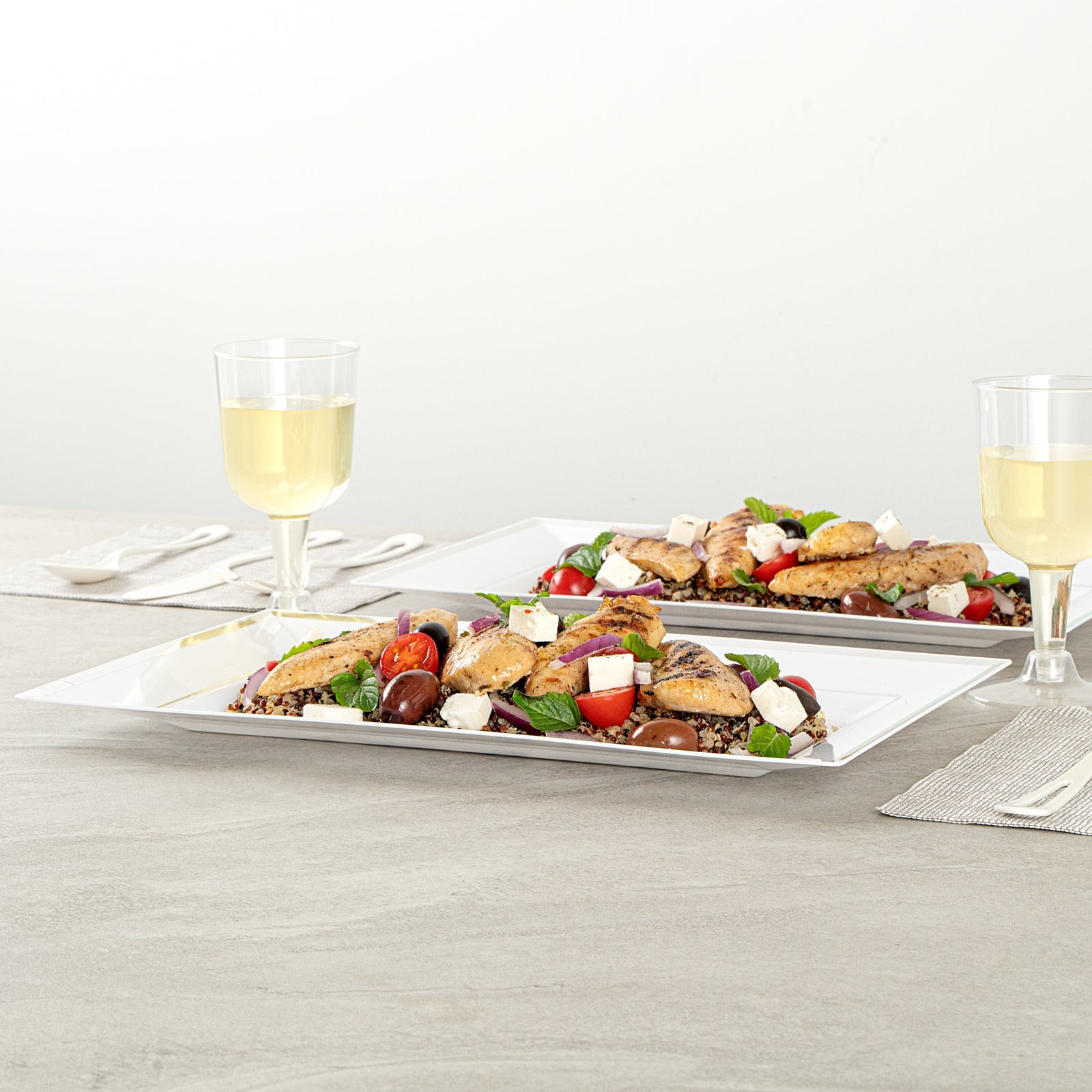 Moderna Rectangle White Plastic Silver-Rimmed Plate - 12 3/4" x 8 1/4" x 3/4" - 100 count box