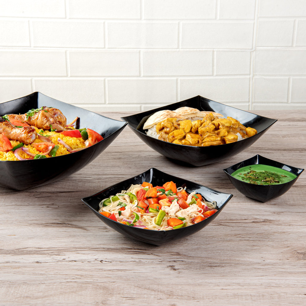 Moderna 32 oz Square Black Plastic Bowl - 7 3/4" x 7 3/4" x 2 1/4" - 100 count box