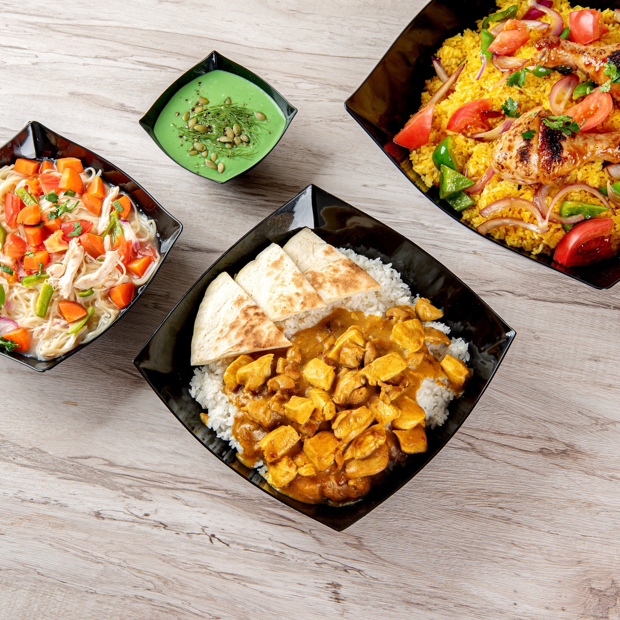 Moderna 64 oz Square Black Plastic Serving Bowl - 9 3/4" x 9 3/4" x 3" - 100 count box