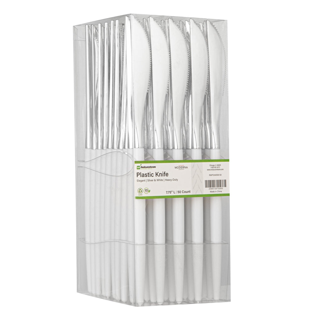 Moderna Silver Plastic Knife - with White Handle - 7 3/4" - 50 count box