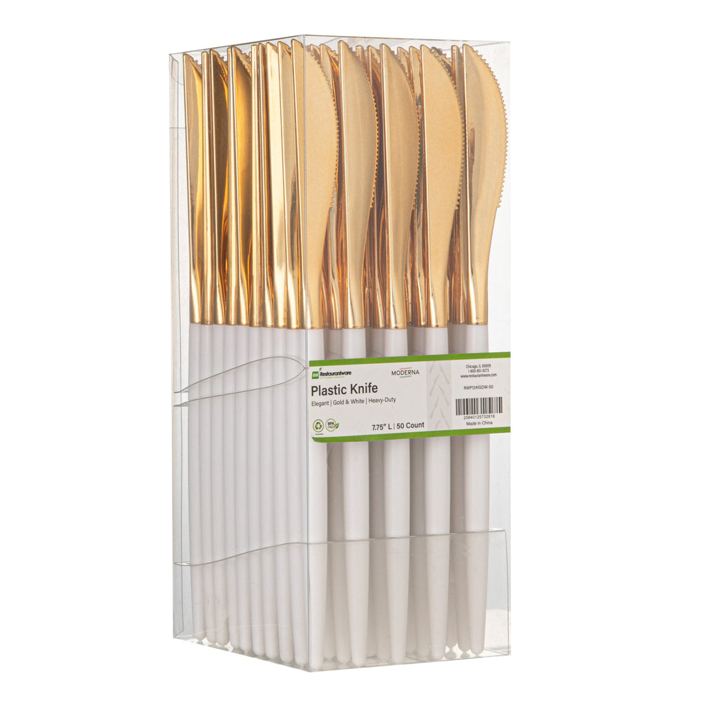Moderna Gold Plastic Knife - with White Handle - 7 3/4" - 500 count box