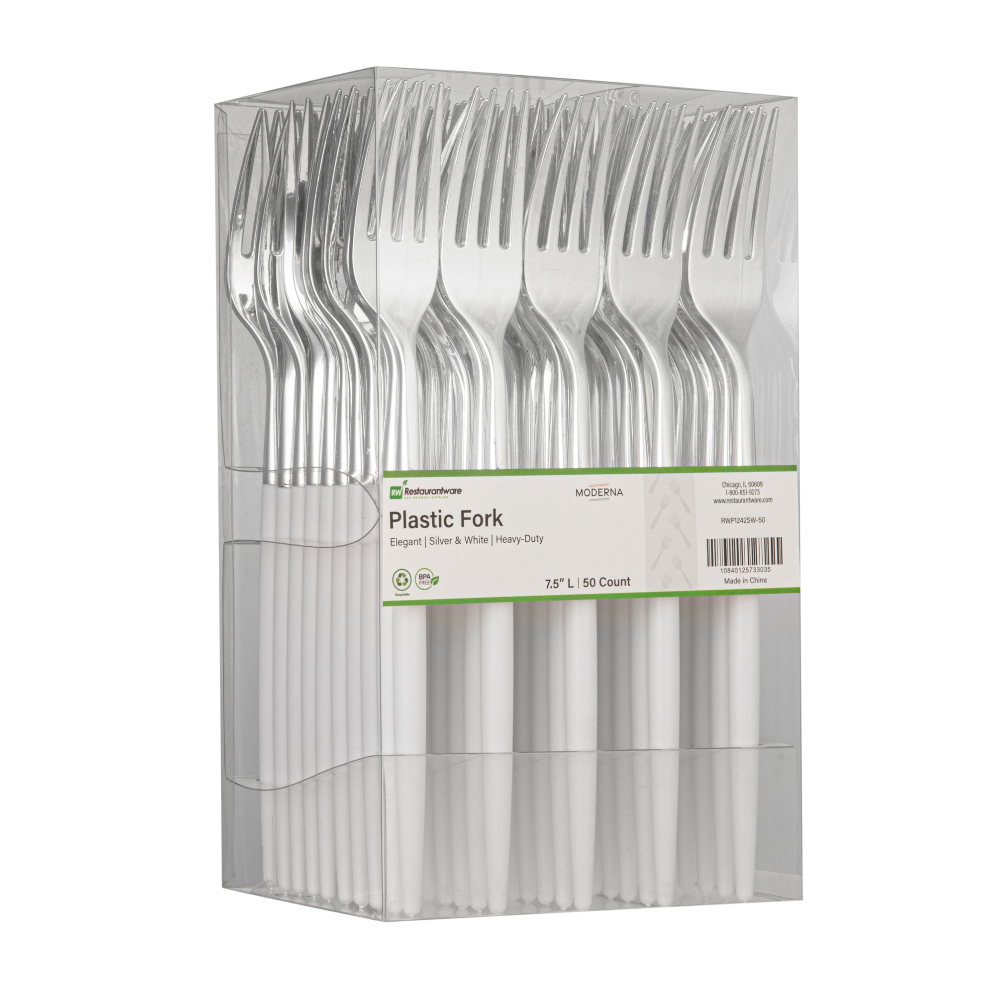 Moderna Silver Plastic Fork - with White Handle - 7 1/2" - 50 count box