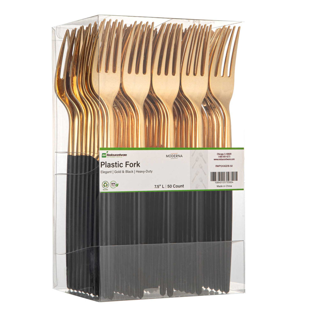 Moderna Gold Plastic Fork - with Black Handle - 7 1/2" - 500 count box