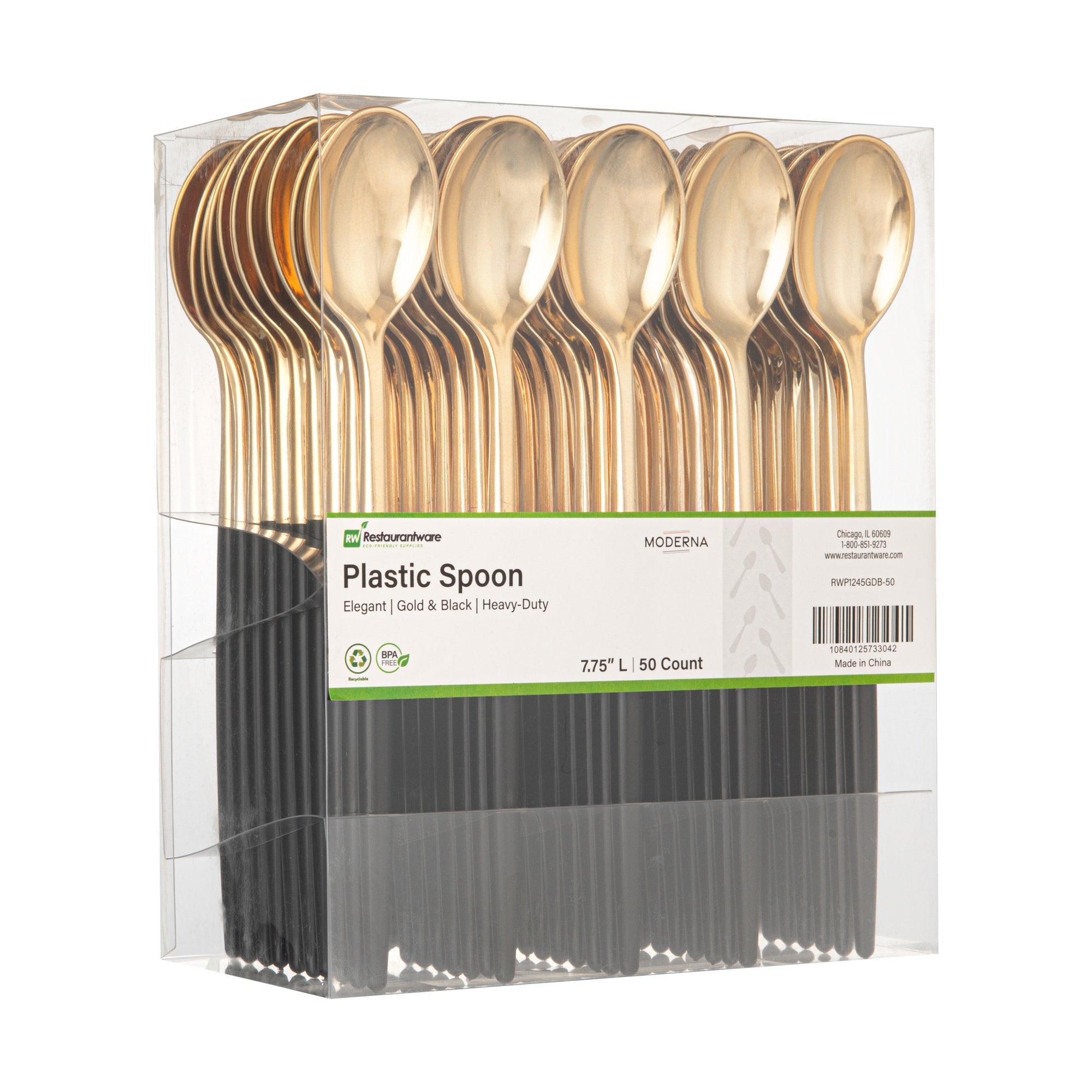 Moderna Gold Plastic Spoon - with Black Handle - 7 3/4" - 500 count box