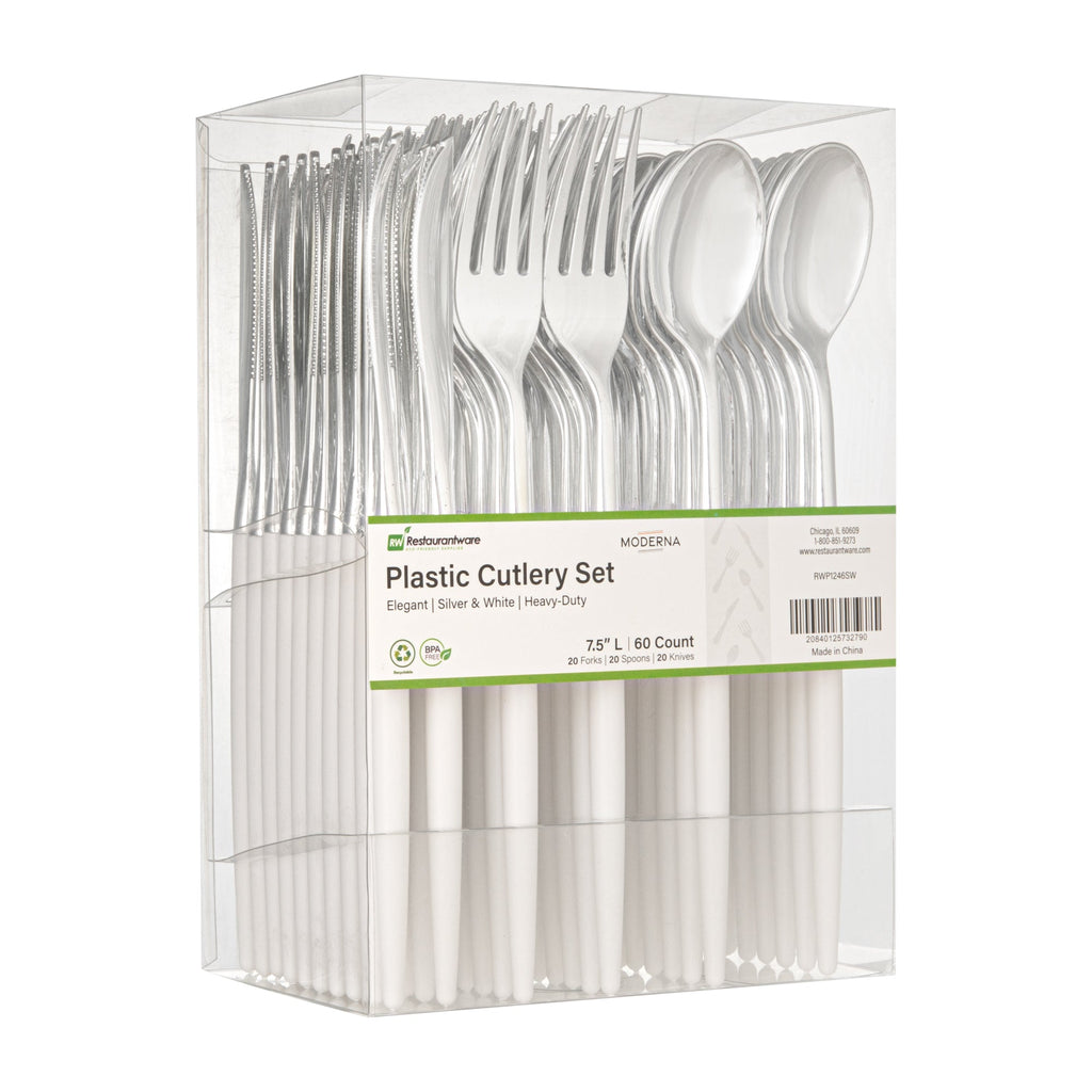 Moderna Silver Plastic Cutlery Set - with White Handle - 7 1/2" - 60 count box