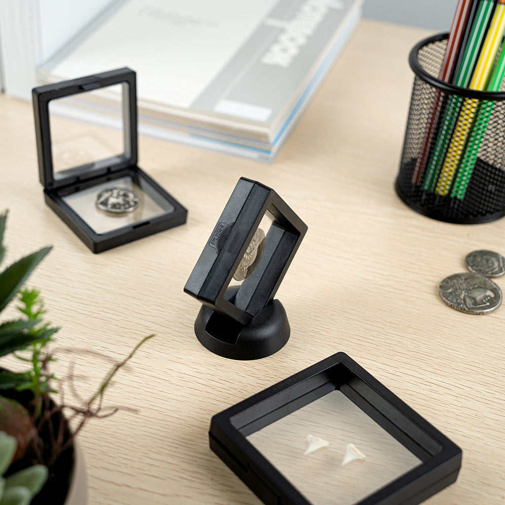 Display Tek Square Black Plastic 3D Floating Display Case - 2 3/4" x 2 3/4" x 3/4" - 10 count box