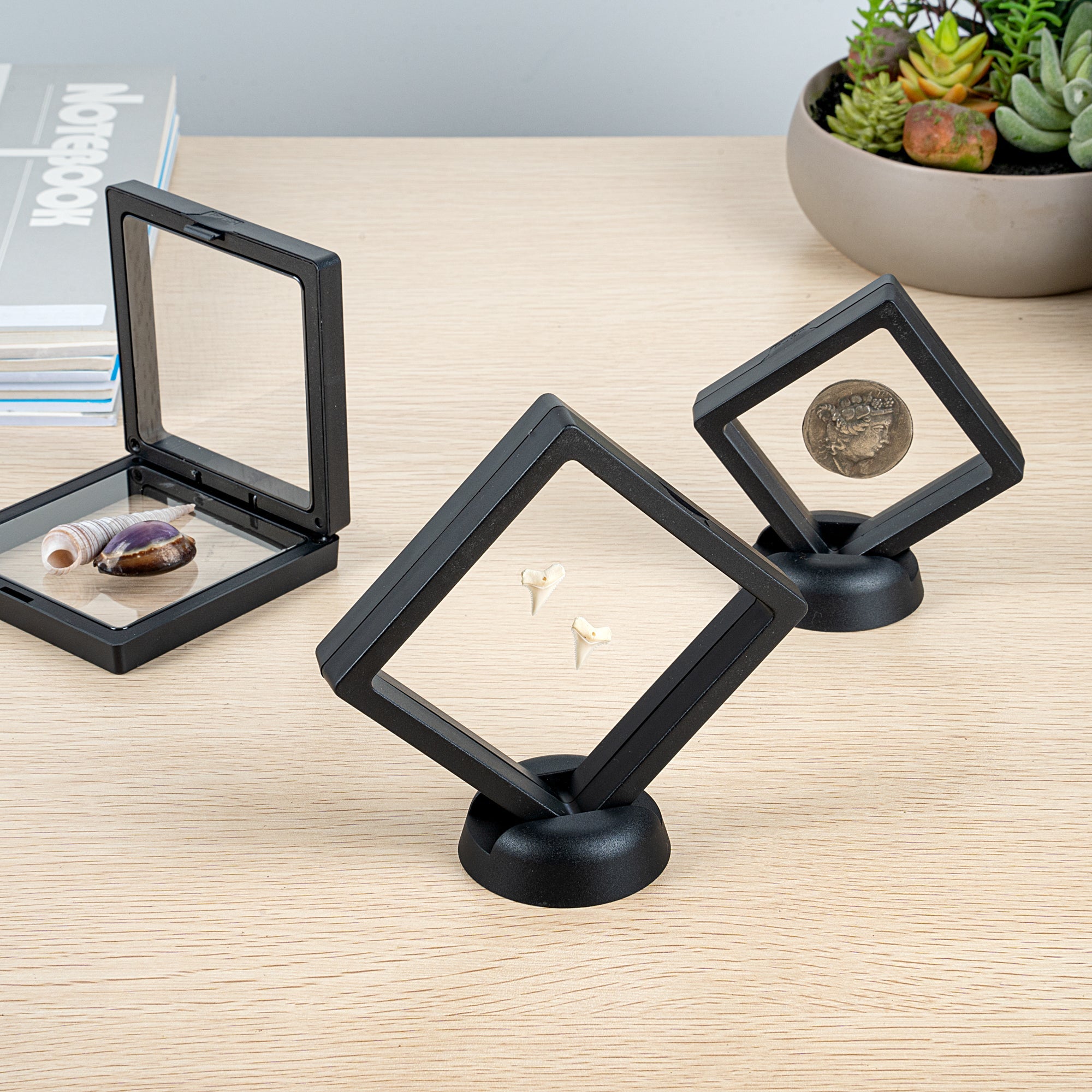 Display Tek Square Black Plastic 3D Floating Display Case - 3 1/2" x 3 1/2" x 3/4" - 10 count box