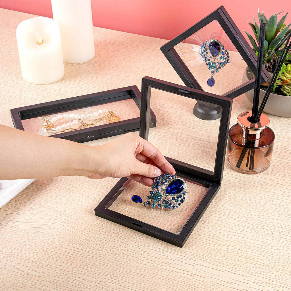 Display Tek Square Black Plastic 3D Floating Display Case - 5 1/2" x 5 1/2" x 3/4" - 10 count box