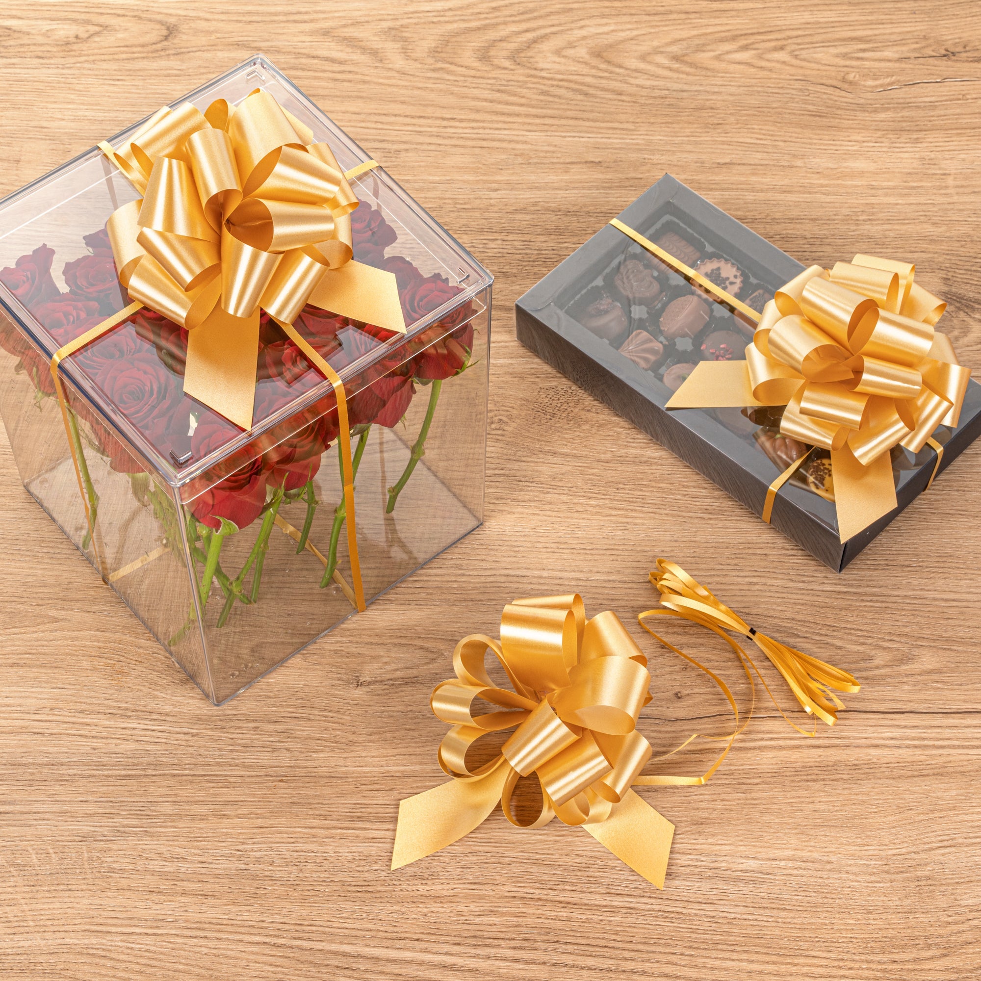 Gift Tek Gold Plastic Flora Satin Pull Bow - 5 1/2" - 10 count box