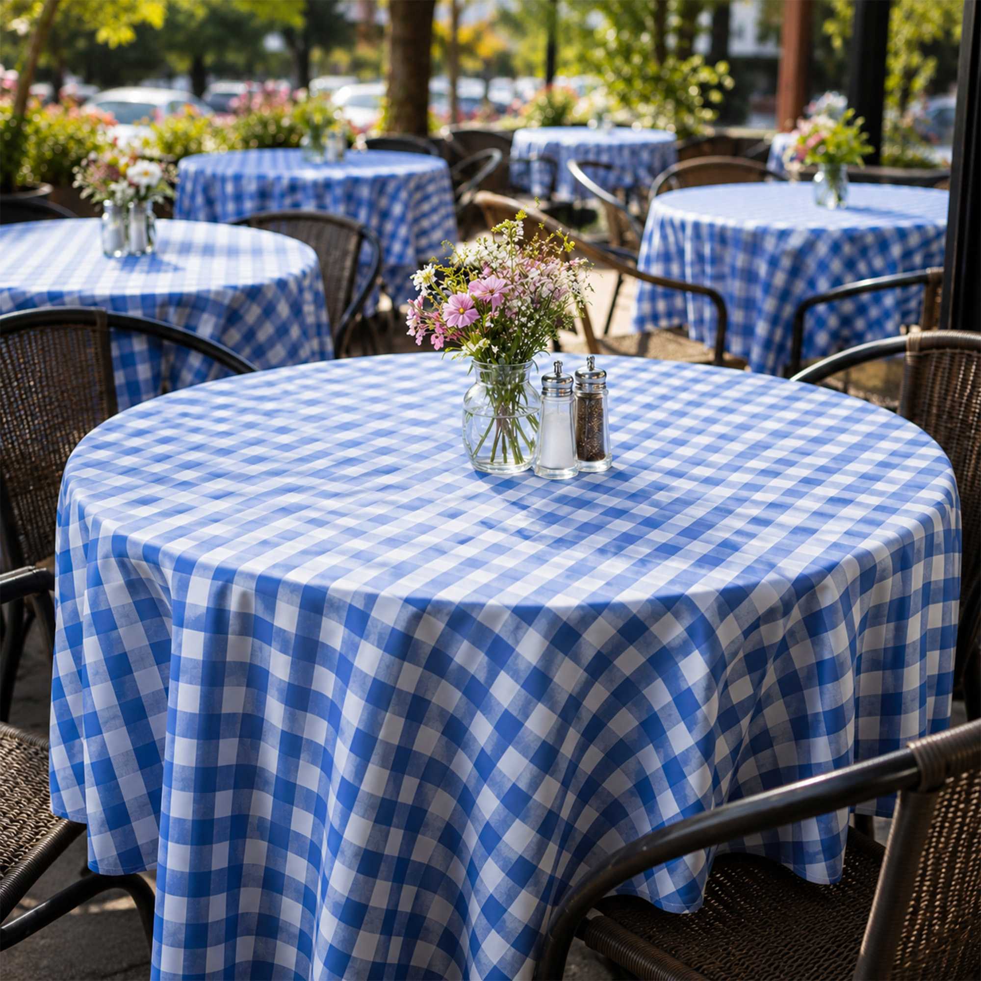 Table Tek Round Blue Gingham Plastic Table Cover - 84" - 2 count box