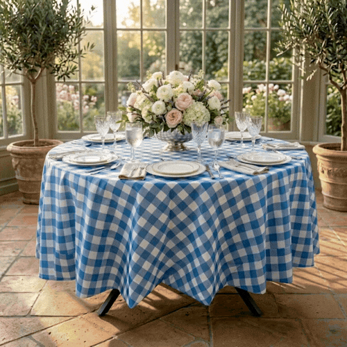 Table Tek Round Blue Gingham Plastic Table Cover - 84" - 20 count box