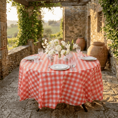 Table Tek Round Red Gingham Plastic Table Cover - 84" - 2 count box