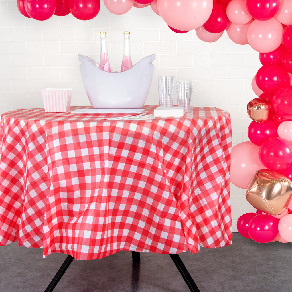 Table Tek Round Red Gingham Plastic Table Cover - 84" - 2 count box