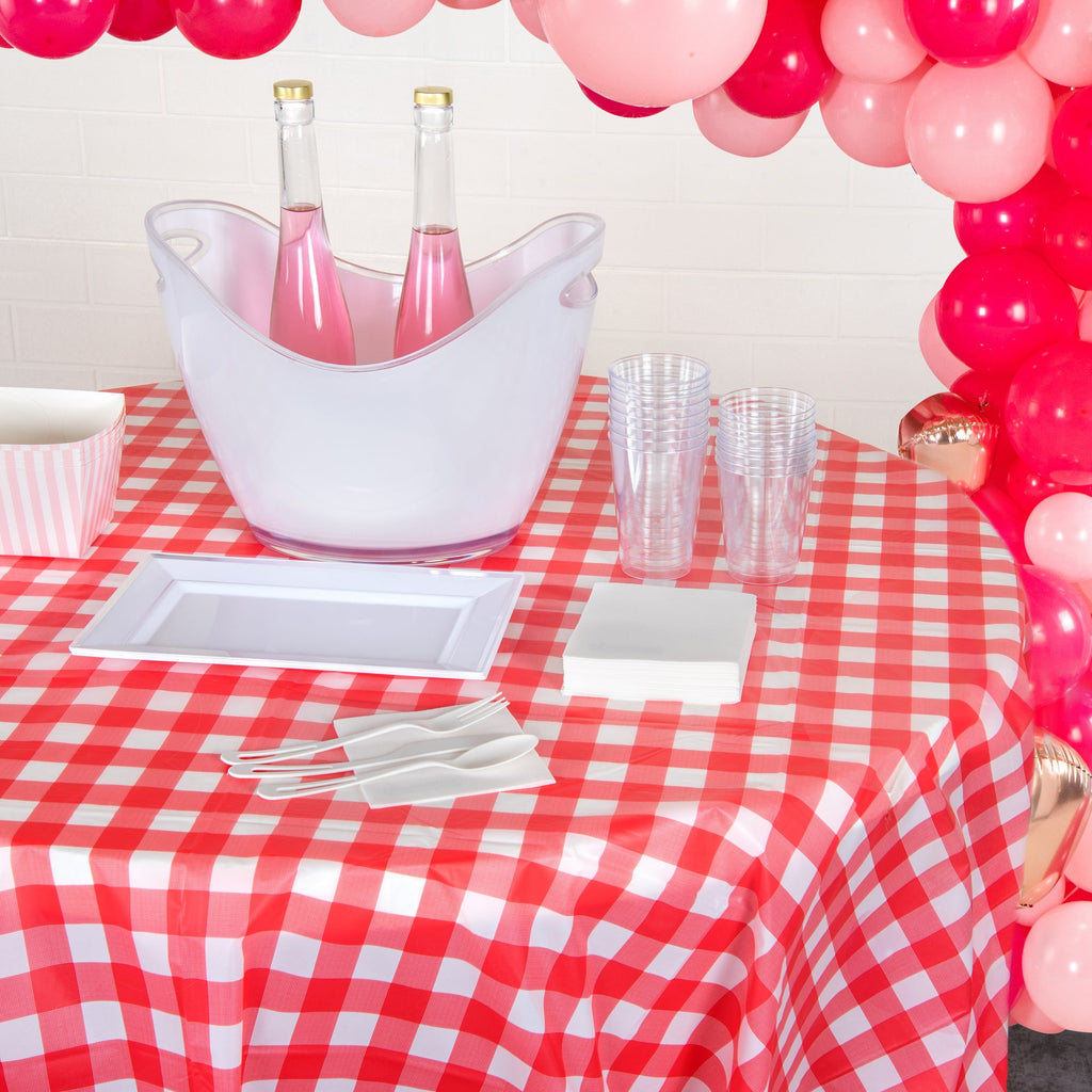 Table Tek Round Red Gingham Plastic Table Cover - 84" - 2 count box