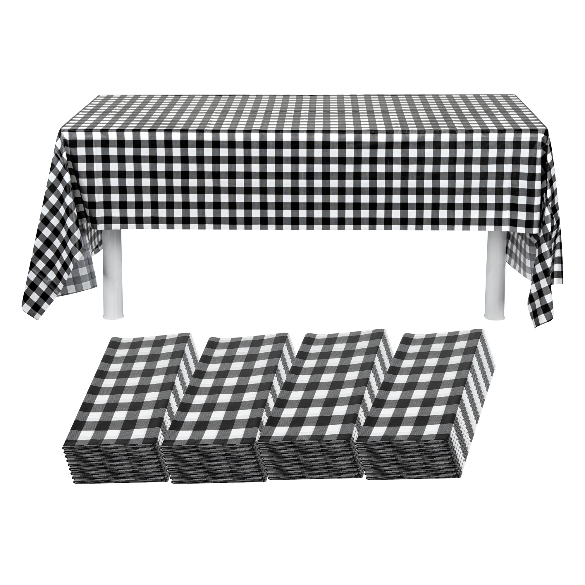 Table Tek Rectangle Black Gingham Plastic Table Cover - 108" x 54" - 2 count box