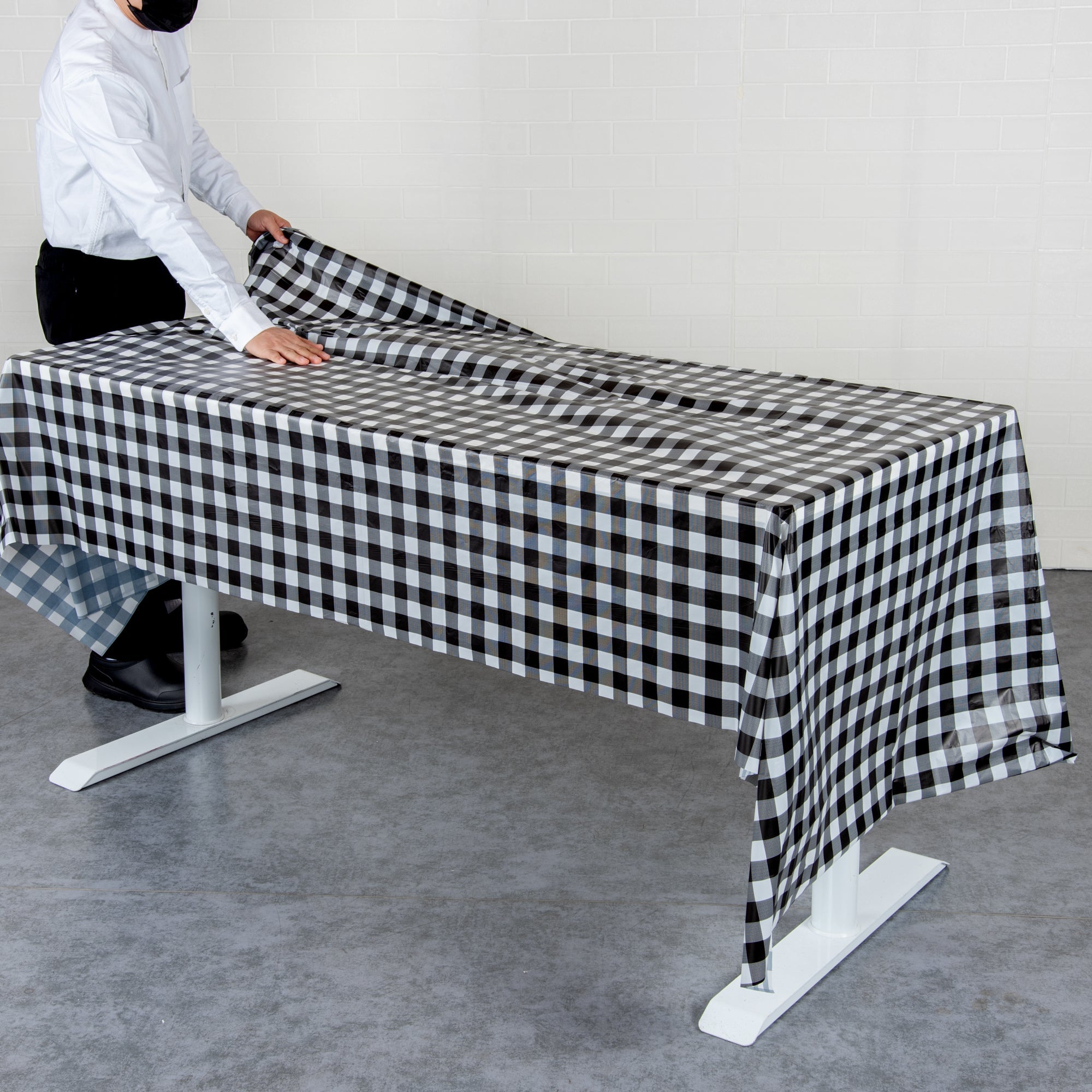 Table Tek Rectangle Black Gingham Plastic Table Cover - 108" x 54" - 2 count box