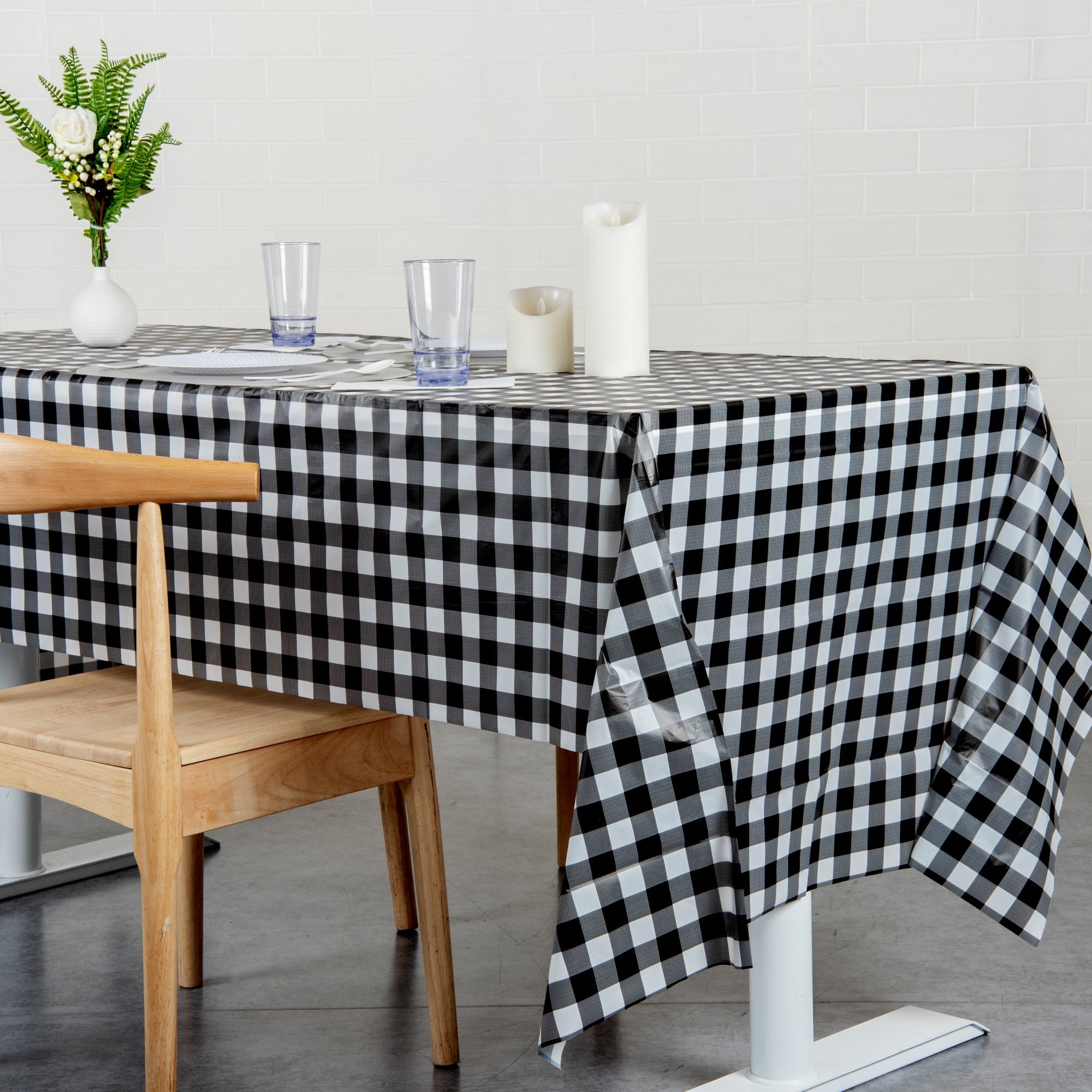 Table Tek Rectangle Black Gingham Plastic Table Cover - 108" x 54" - 2 count box