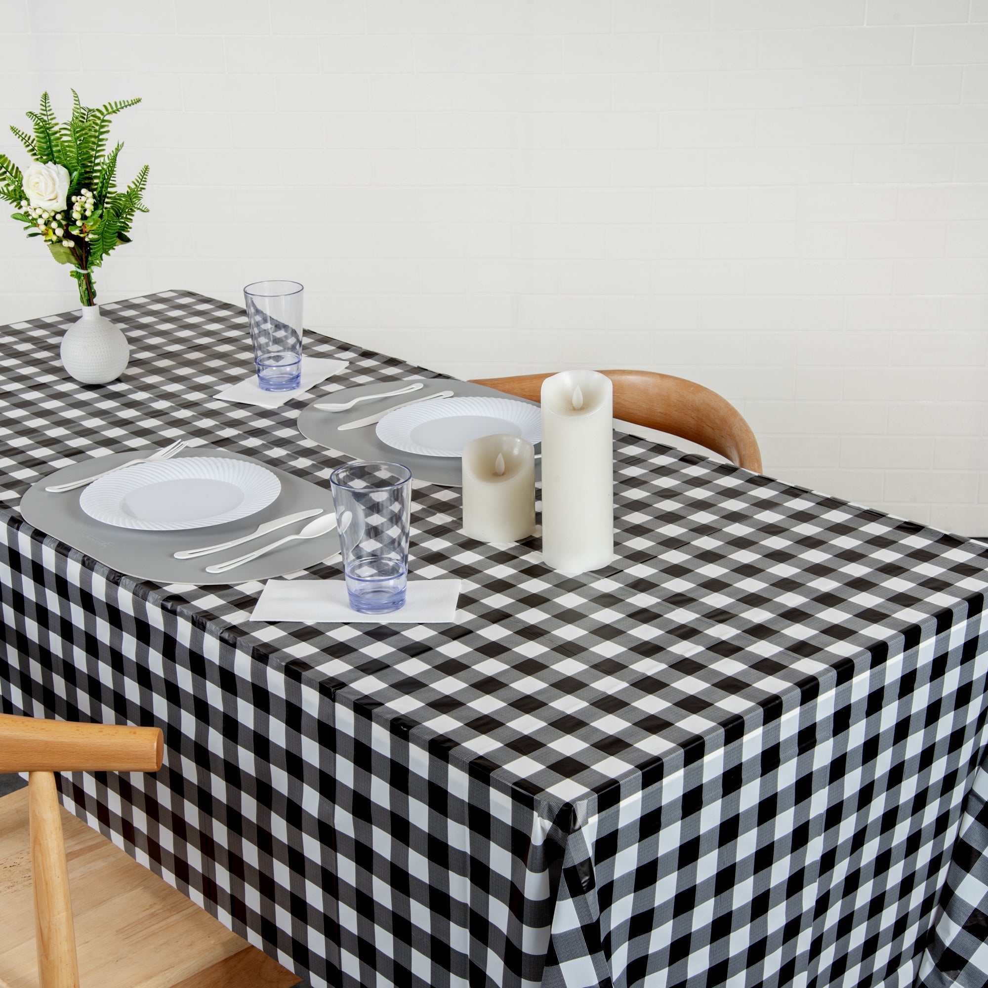 Table Tek Rectangle Black Gingham Plastic Table Cover - 108" x 54" - 2 count box