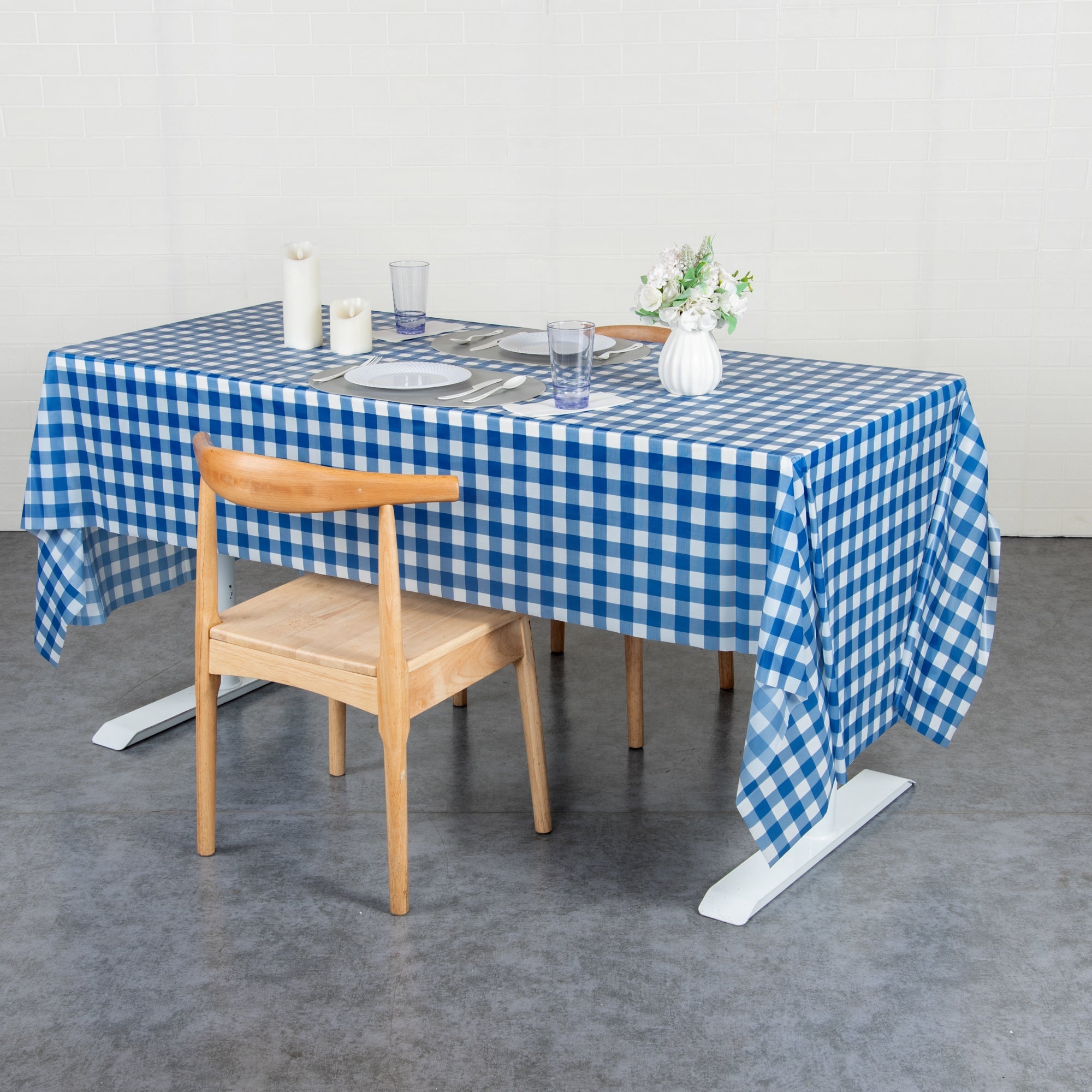 Table Tek Rectangle Blue Gingham Plastic Table Cover - 108" x 54" - 2 count box