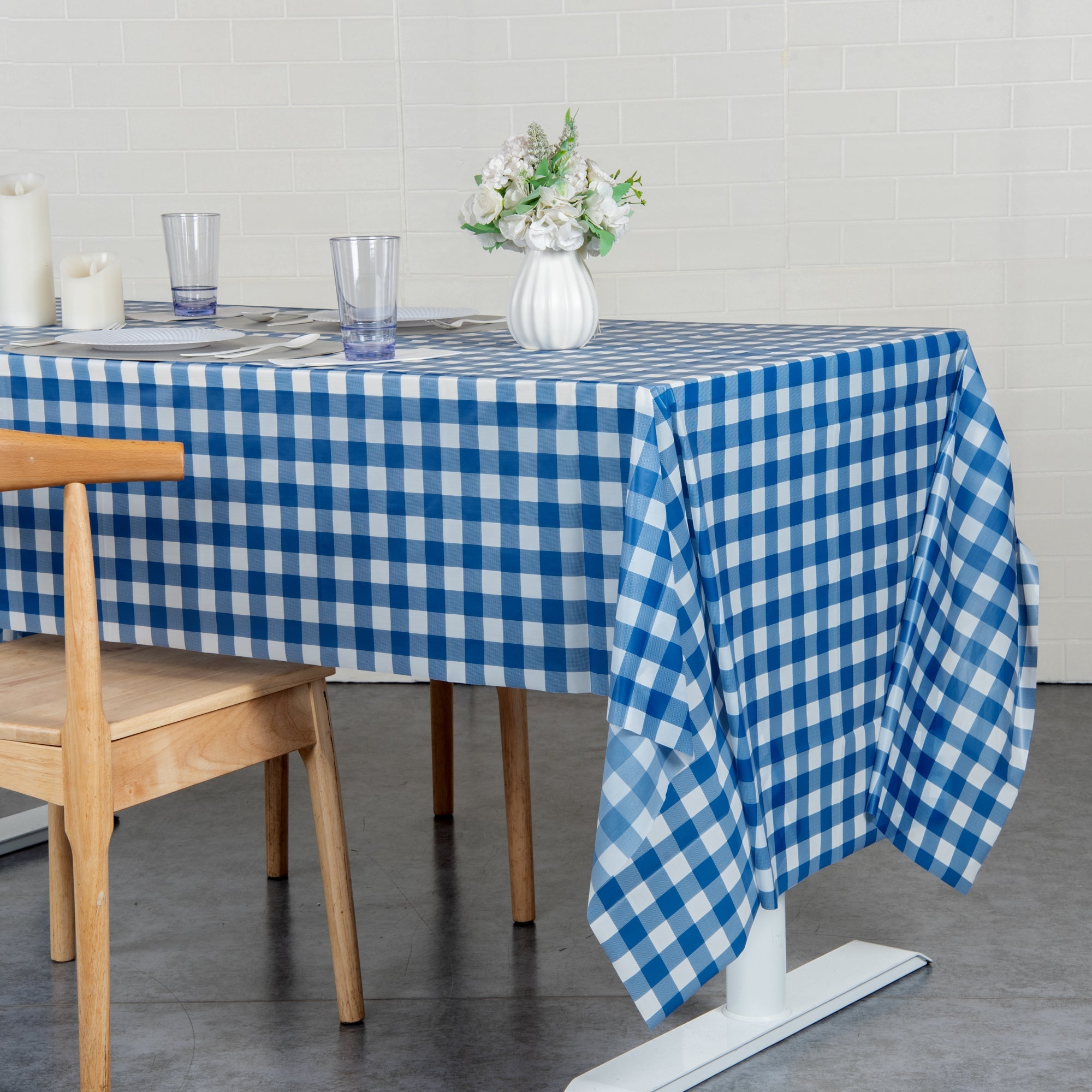Table Tek Rectangle Blue Gingham Plastic Table Cover - 108" x 54" - 2 count box