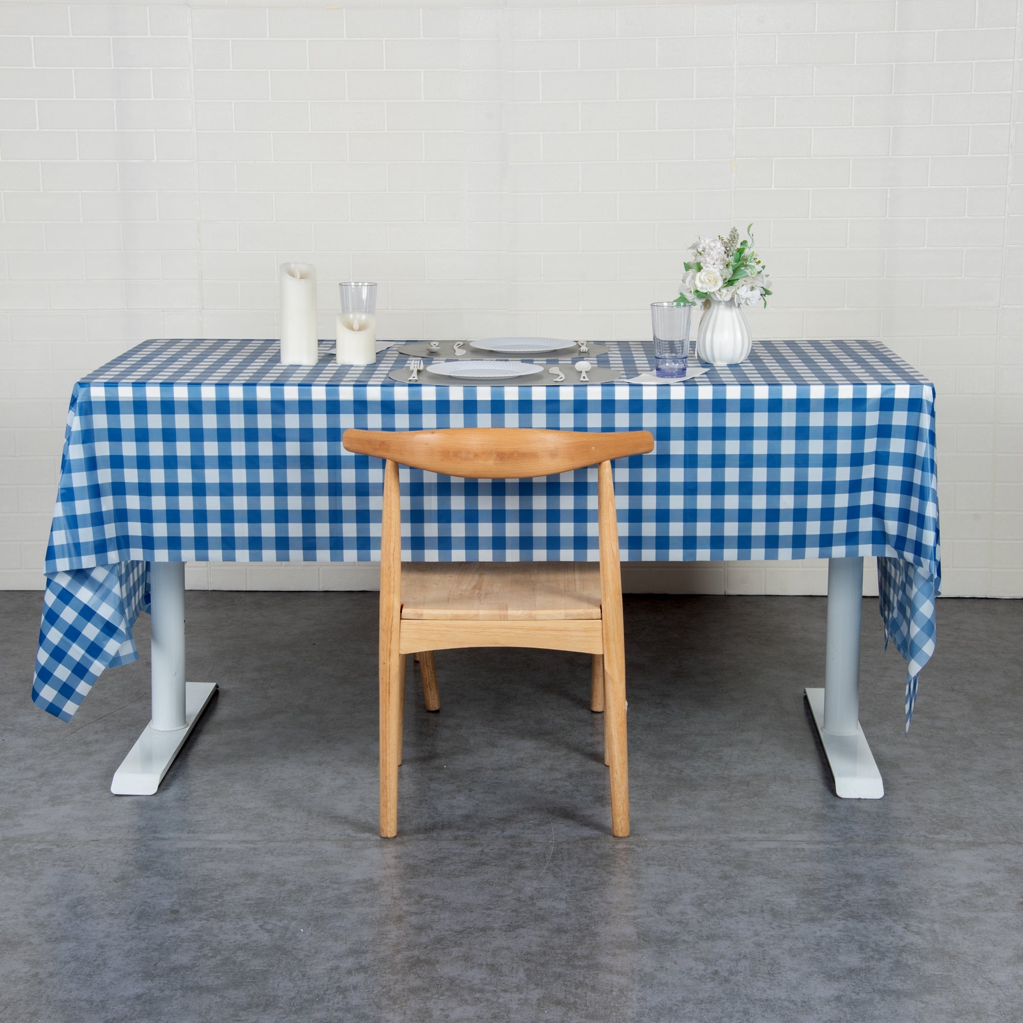 Table Tek Rectangle Gingham Blue Plastic Table Cover - 108" x 54" - 20 count box