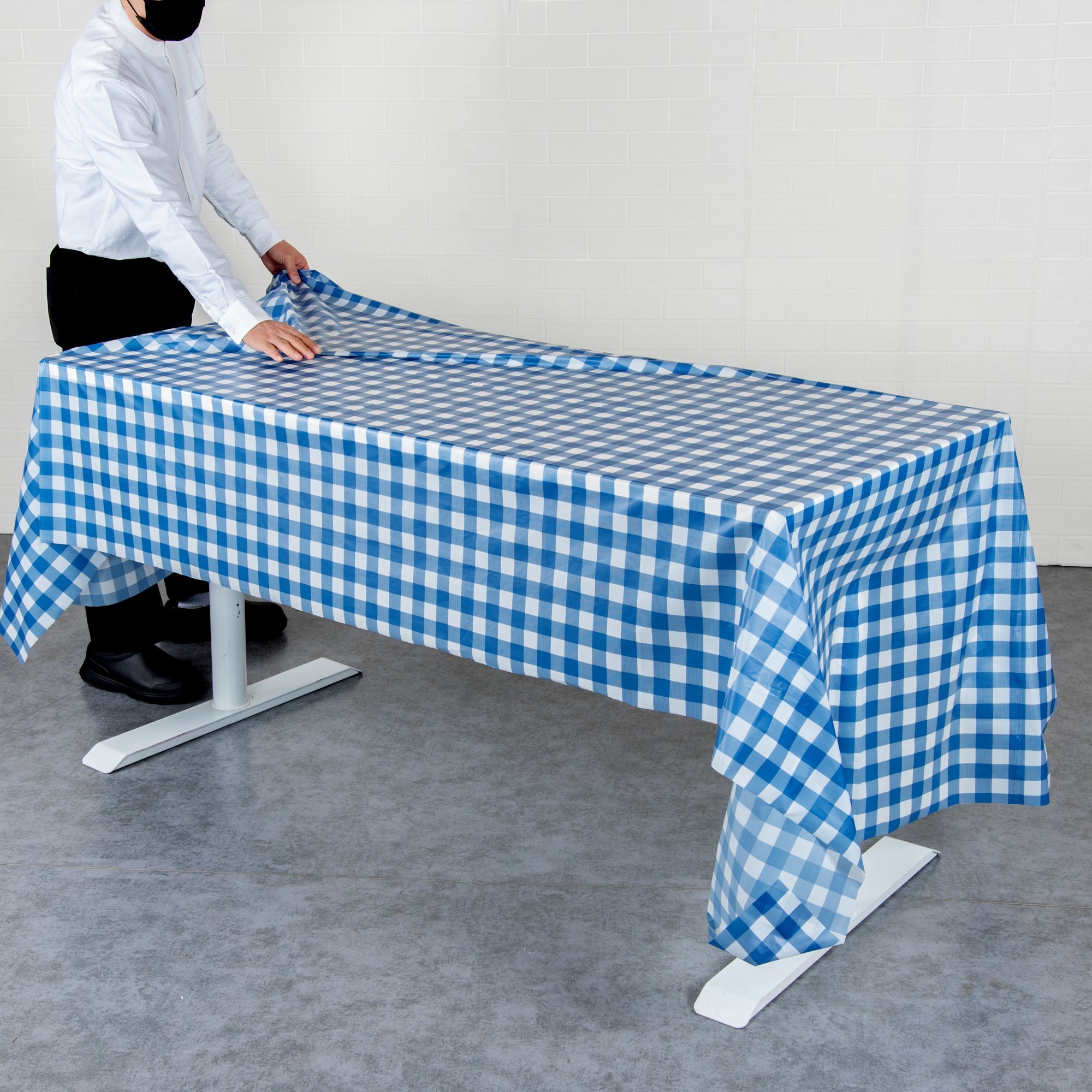 Table Tek Rectangle Gingham Blue Plastic Table Cover - 108" x 54" - 20 count box