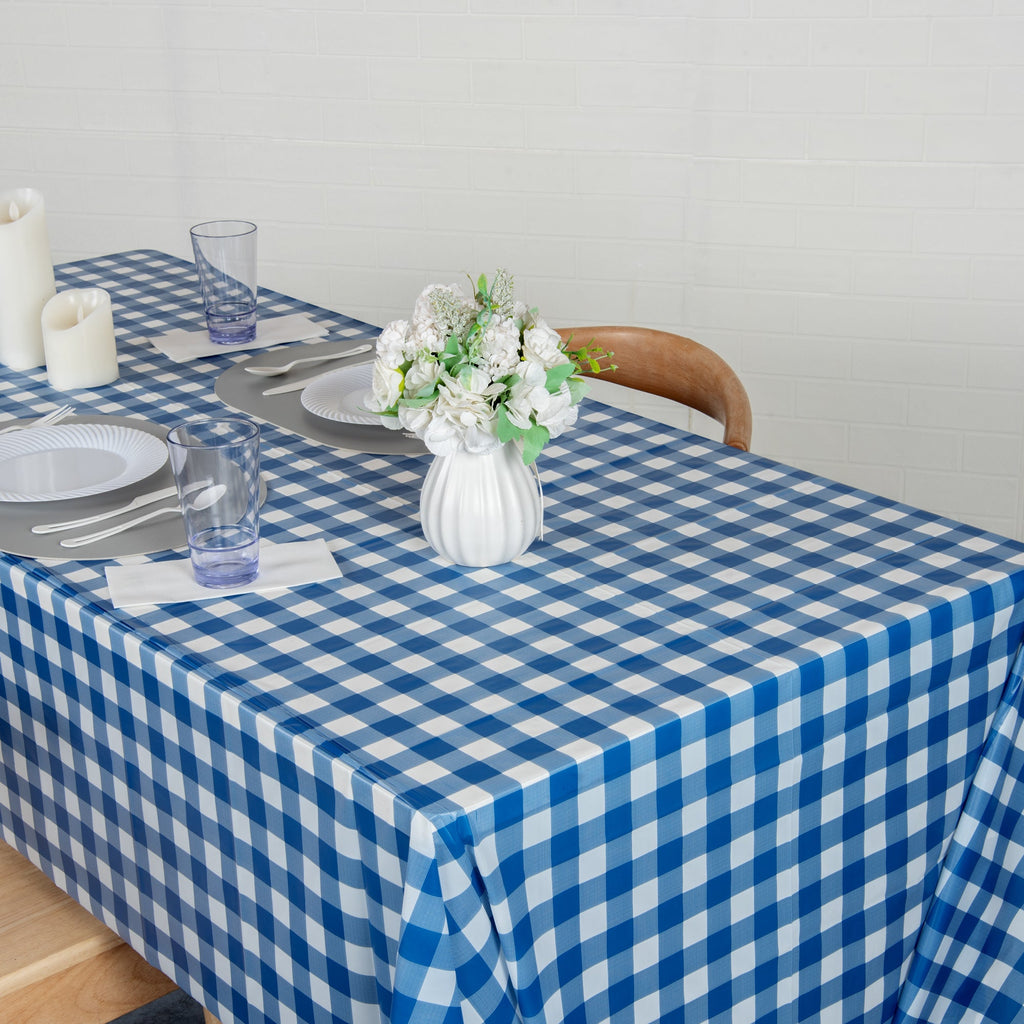 Table Tek Rectangle Gingham Blue Plastic Table Cover - 108" x 54" - 20 count box