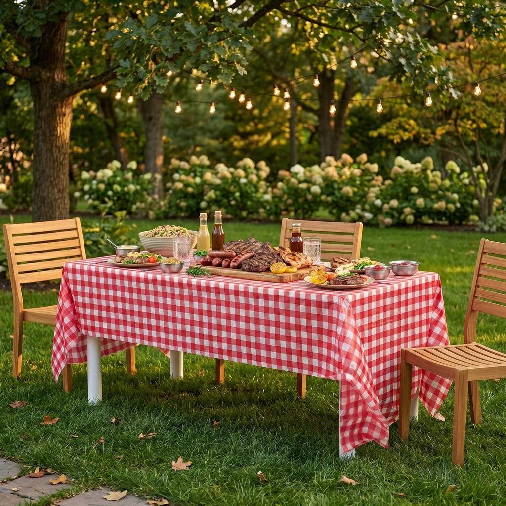 Table Tek Rectangle Red Gingham Plastic Table Cover - 108" x 54" - 2 count box